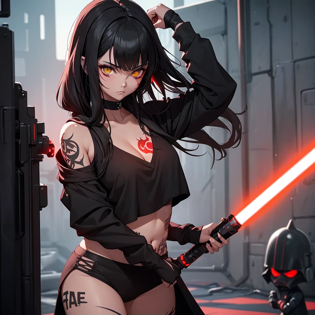 The girl is a Sith lord. She is wearing a black top and underpants. her skin is covered with black tattoos. She has red-yellow eyes. She holds a red lightsaber in each hand.