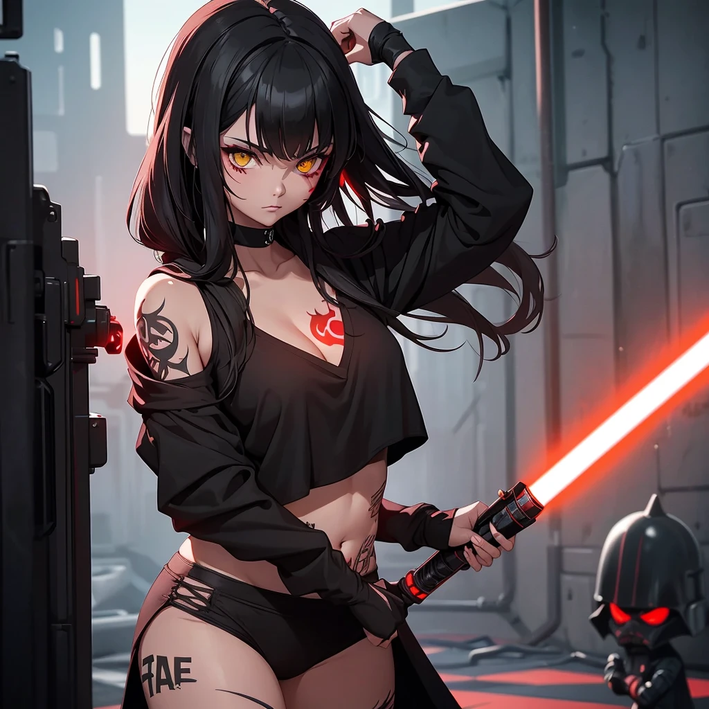 The girl is a Sith lord. She is wearing a black top and underpants. her skin is covered with black tattoos. She has red-yellow eyes. She holds a red lightsaber in each hand.