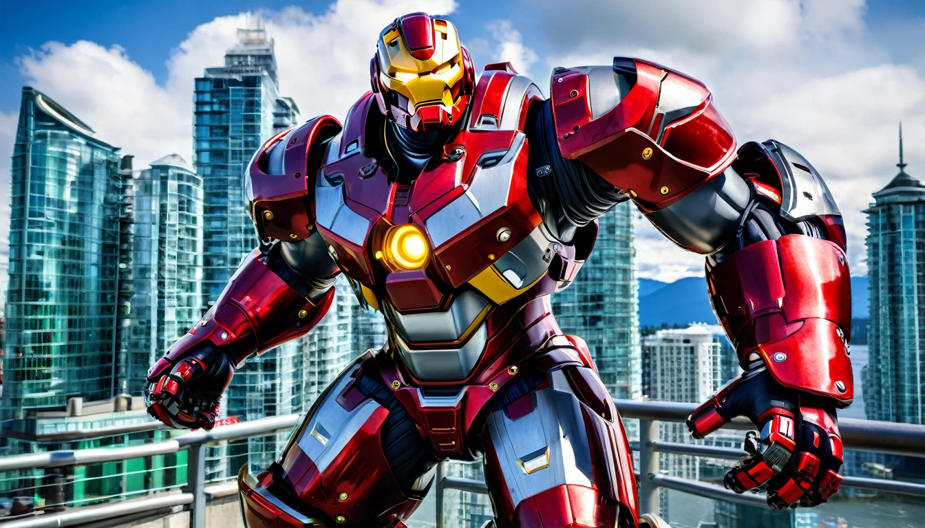 Hulkbuster-like mech, Vancouver, high-quality artwork, anime style, cityscape background, heroic pose, dramatic shadows, carbon fibre paint job with red side highlights, repulser cannons on wrists, dynamic motion, hockey goalie faceplate, hockey goalie visor, grey visor covering face, epic superhero