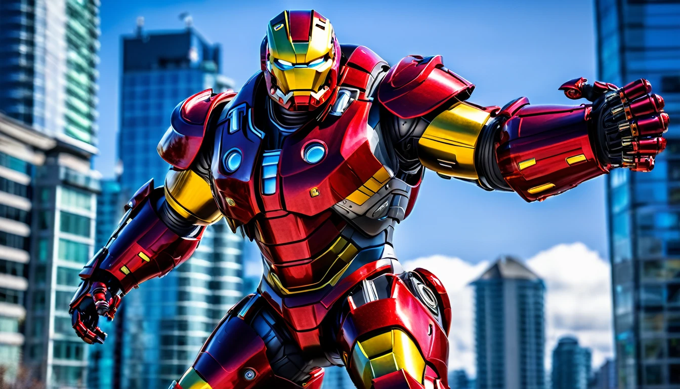 Hulkbuster-like mech, Vancouver, high-quality artwork, anime style, cityscape background, heroic pose, dramatic shadows, carbon fibre paint job with red side highlights, repulser cannons on wrists, dynamic motion, hockey goalie faceplate, hockey goalie visor, grey visor covering face, epic superhero
