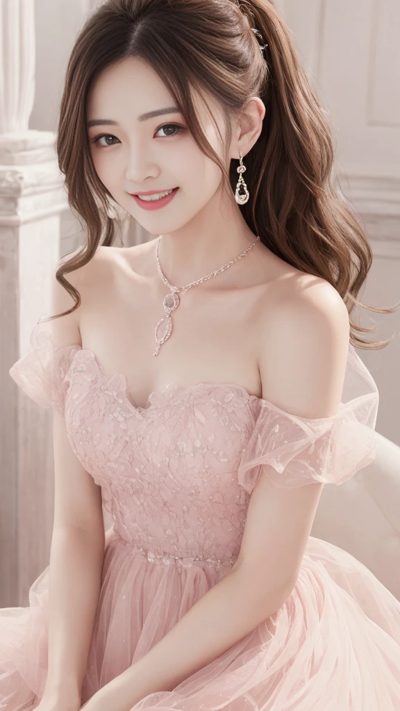 Fine details, high resolution, high quality、Perfect dynamic composition, Beautiful and delicate eyes, Double ponytail hairstyle, Beautiful breasts 、Natural lipstick, Face,Kamiaki、1 girl、clear translucent skin、Shiny hair、Pink luxury clothes、Fluffy skirt、Delicate lace、Complex dress、Exquisite hair accessories、Intricate earrings、Complex necklaces、a smile