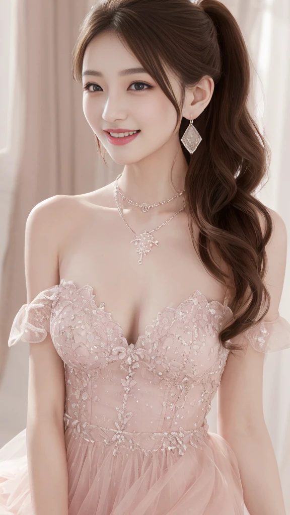 Fine details, high resolution, high quality、Perfect dynamic composition, Beautiful and delicate eyes, Double ponytail hairstyle, Beautiful breasts 、Natural lipstick, Face,Kamiaki、1 girl、clear translucent skin、Shiny hair、Pink luxury clothes、Fluffy skirt、Delicate lace、Complex dress、Exquisite hair accessories、Intricate earrings、Complex necklaces、a smile