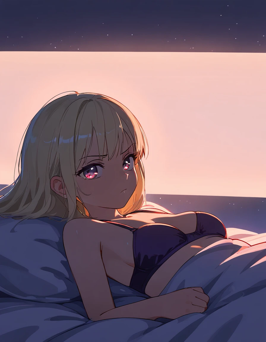 The image is a digital artwork of a woman with blonde hair lying on a bed. She has a large chest and is wearing a bra. Super resolution, Megapixel, ProPhoto RGB, VR, Bullish, epic, half back lighting, backlights, natural lighting, incandescent light, fiber optics, lighting mood lighting, cinema lighting, studio lighting, soft lighting, volumetric, sharp contrast, dark lighting, accent lighting, global illumination projection, screen space global illumination, ray tracing global illumination, red fringe light, 45% cool color gradation, optics, scattering, glare, shadows, hyperrealism, caustic water, refractive water, anatomically correct, super detail, high quality, 4K