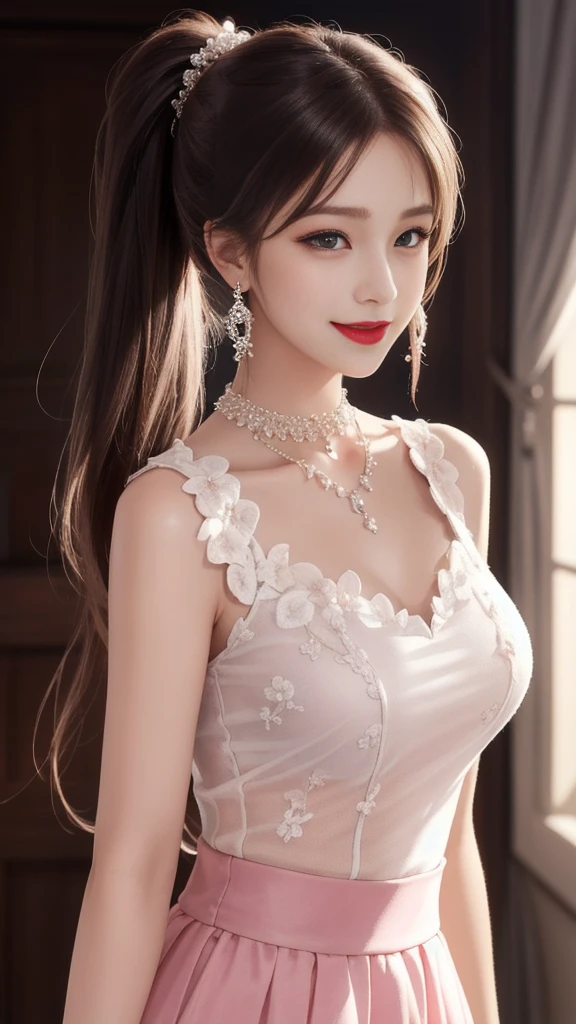 Fine details, high resolution, high quality、Perfect dynamic composition, Beautiful and delicate eyes, Double ponytail hairstyle, Beautiful breasts 、Natural lipstick, Face,Kamiaki、1 girl、clear translucent skin、Shiny hair、Pink luxury clothes、Fluffy skirt、Delicate lace、Complex dress、Exquisite hair accessories、Intricate earrings、Complex necklaces、a smile