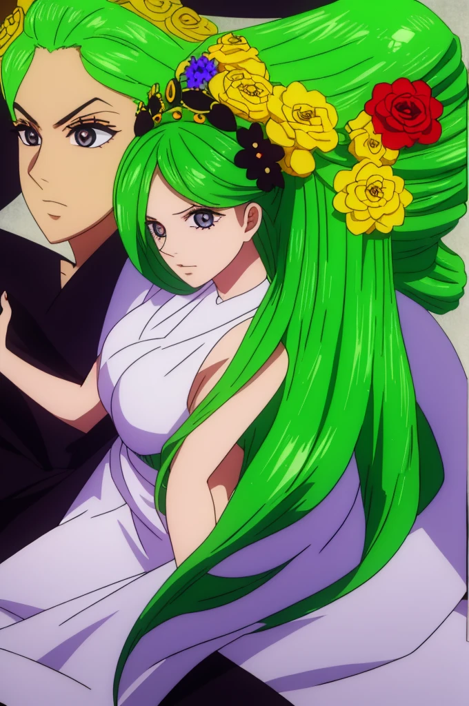 The character has long green hair styled in large waves. She has large expressive eyes, probably green to match her hair. The flower crown she wears is composed of various colorful flowers that contrast with the shade of her hair. Her outfit is a combination of green and black, with golden details, and seems to be an elegant and majestic attire. She has exaggeratedly large Her breasts are really big and her skin tone is gray and her eyes are black and her pupils are golden.