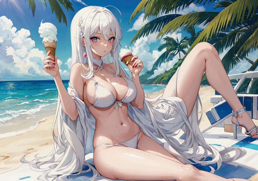 A beautiful anime girl with white hair, wearing a sexy white bikini and a revealing thong, on a beach and eating an ice cream on a sunny summer day, photographed from a low camera angle focusing on her thigh, stunning landscape