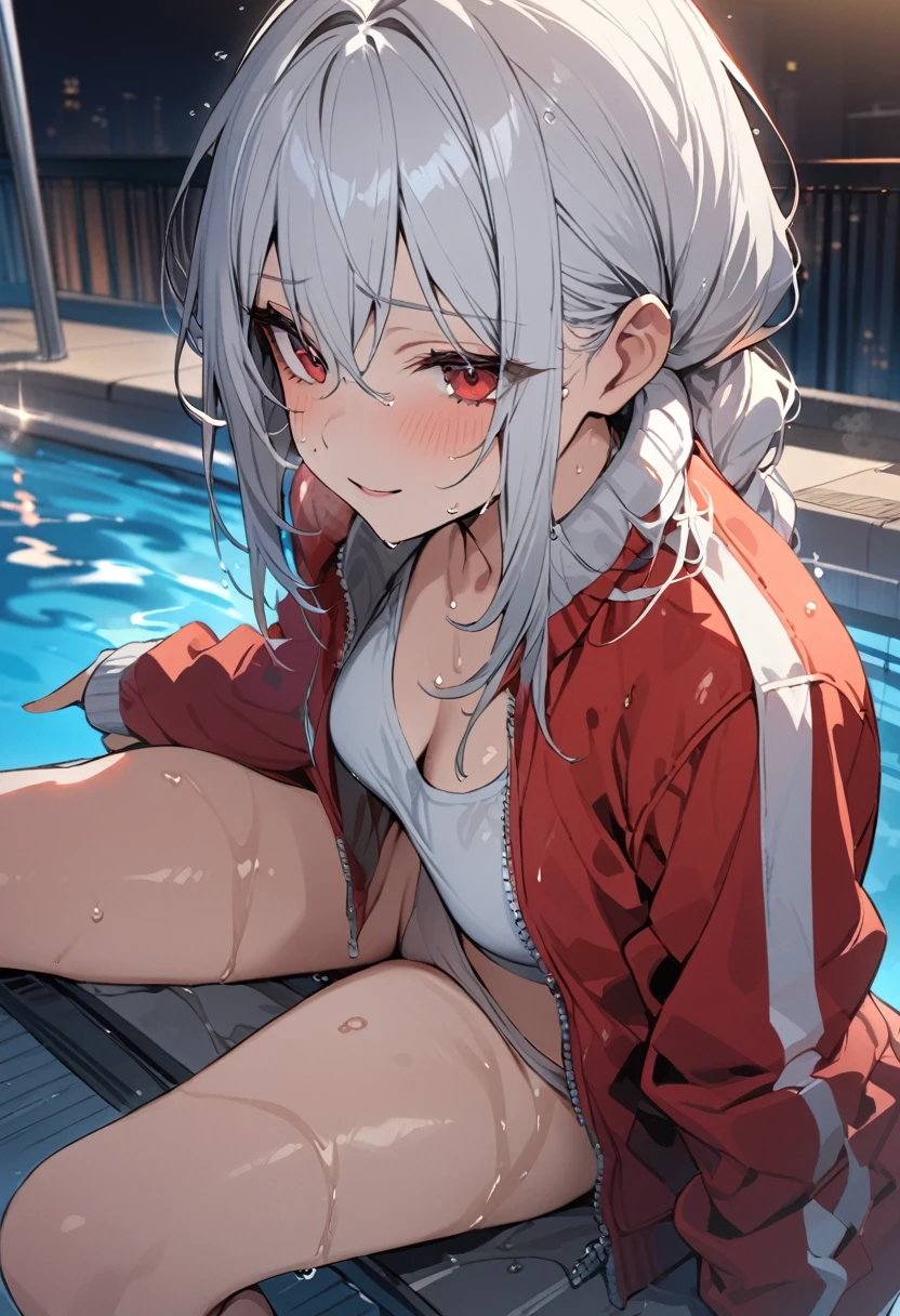 ((masterpiece)), (Highest quality), (Simple style), White hair, braids, long hair, red eyes, night pool, tracksuit, openclothes, no panties, sitting, undergarments, Lightsmile, wet, clitoris, sexy bra