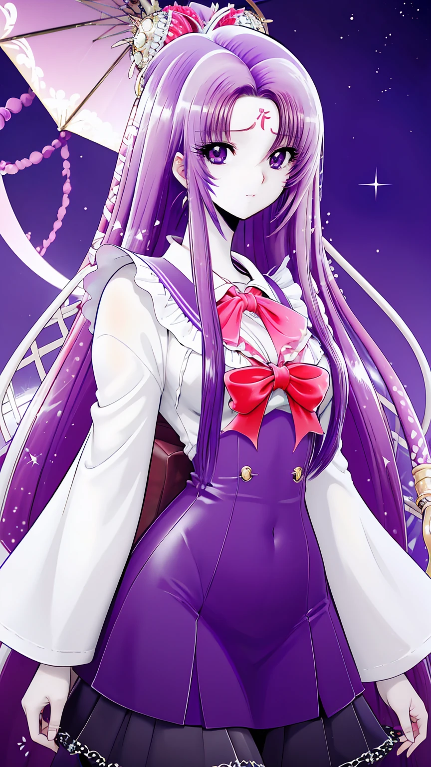 ultra-detailed、high resolution、extremely detailed CG、unity 8k wallpaper、official art、super detailed skin、perfect anatomy、cinematic lighting、beautiful detailed eyes、depth of field、ideal ratio body proportions、

anime colored、kyoto animation、(Hair is purple、White skin、Eyes are pale red、Skin color、)、see-through gothic ****ta outfit,