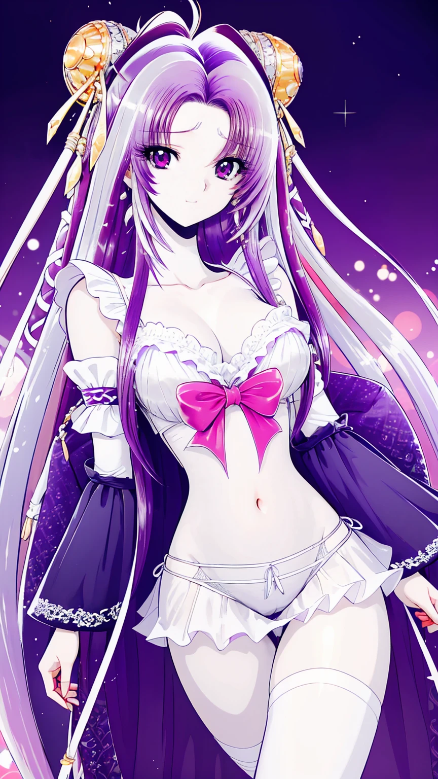 ultra-detailed、high resolution、extremely detailed CG、unity 8k wallpaper、official art、super detailed skin、perfect anatomy、cinematic lighting、beautiful detailed eyes、depth of field、ideal ratio body proportions、
anime colored、kyoto animation、(Hair is purple、White skin、Eyes are pale red、Skin color、)、see-through gothic ta outfit,