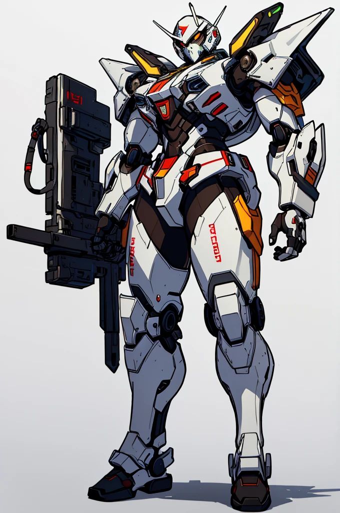 (masterpiece, best quality, high resolution,1 cyberpunk style white military mecha,,powerful stance, (white background, stickers. Redmond), ((full body standing)),