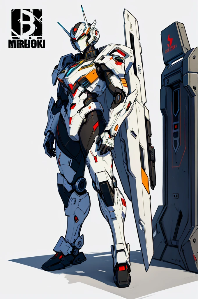 (masterpiece, best quality, high resolution,1 cyberpunk style white military mecha,,powerful stance, (white background, stickers. Redmond), ((full body standing)),