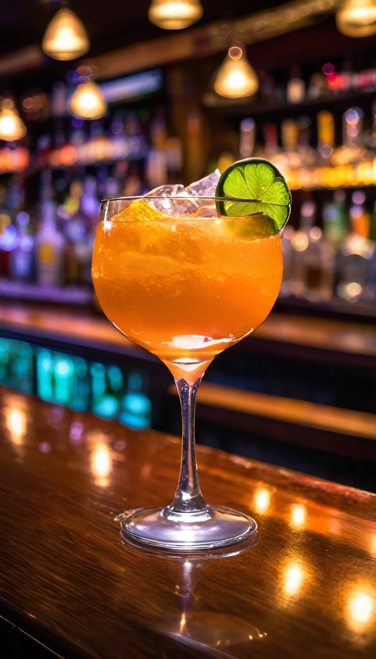 a Tangerine Sunrise cocktail made with Brandy Tangerine Juice Club Soda in a Highball glass, ((neon graffiti lighting background)), photorealistic, portrait, professional, clean, focus, action, shadows, depth of field, UHD, alcohol ads, luxury, urban, bar, atmospheric, creative, artistic, fast prime lens, wide aperture lens, low light lens, off-camera flash, light modifiers, contrast, clarity, sharpening, color balance, high iso, f/1.8, 50mm, cool white balance, reflectors <lora:cocktail_v2:1>