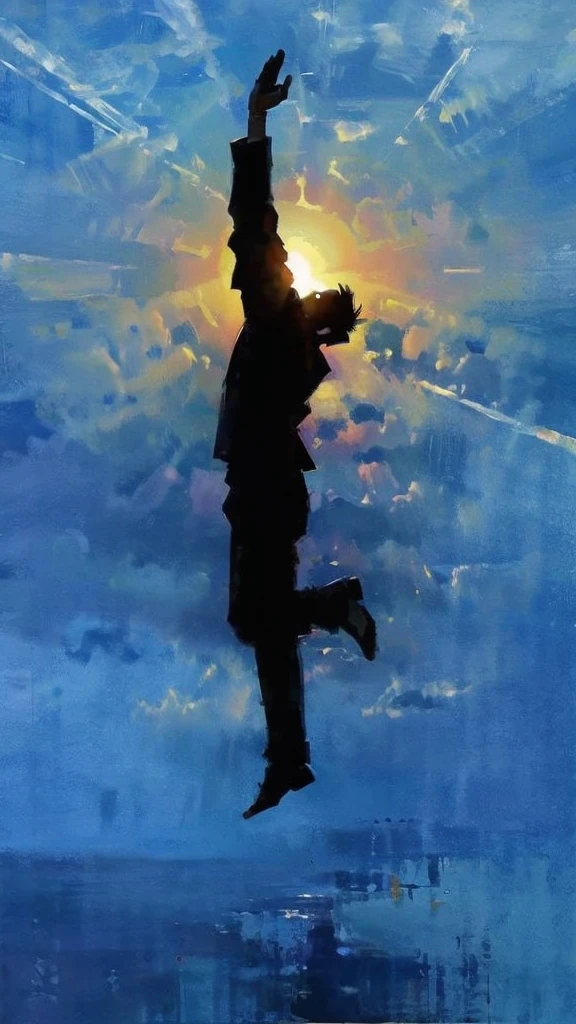 A hand that catches the silhouette of a man levitating in the air