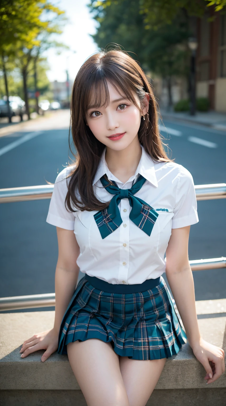 highest quality、8k、best image quality、Award-winning work), two beautiful women、1 lady, radiant beautiful skin , masterpiece、top-quality、The ultra -The high-definition、depth of fields、lens flare ,、brown hair, large breasts, watching at viewers glares, large breasts ,perfect legs, model pose, view from below, smiling , cleavage,
(School uniform, , teal micro mini Pleated tartan skirt:1.3)