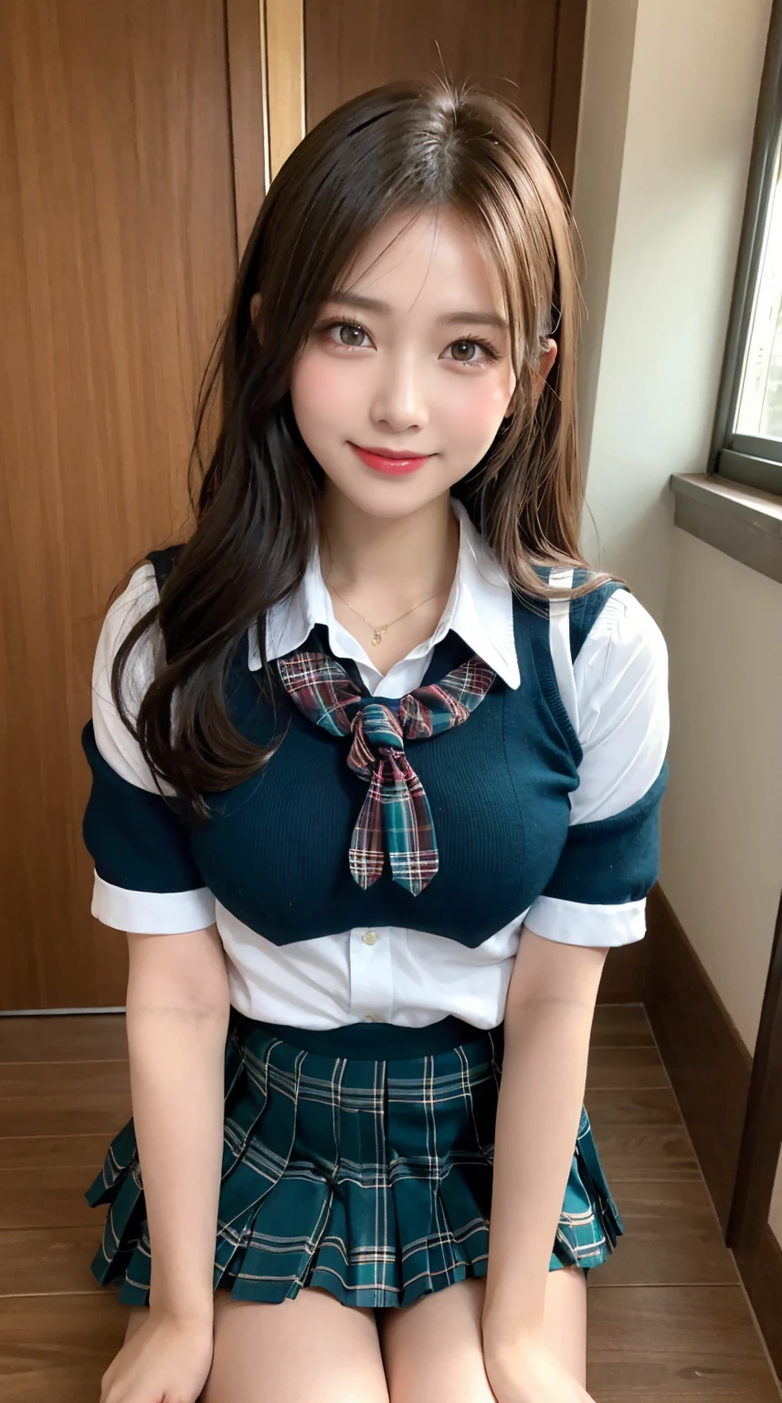 highest quality、8k、best image quality、Award-winning work), two beautiful women、1 lady, radiant beautiful skin , masterpiece、top-quality、The ultra -The high-definition、depth of fields、lens flare ,、brown hair, large breasts, watching at viewers glares, large breasts ,perfect legs, model pose, view from below, smiling , cleavage,
(School uniform, , teal micro mini Pleated tartan skirt:1.3)