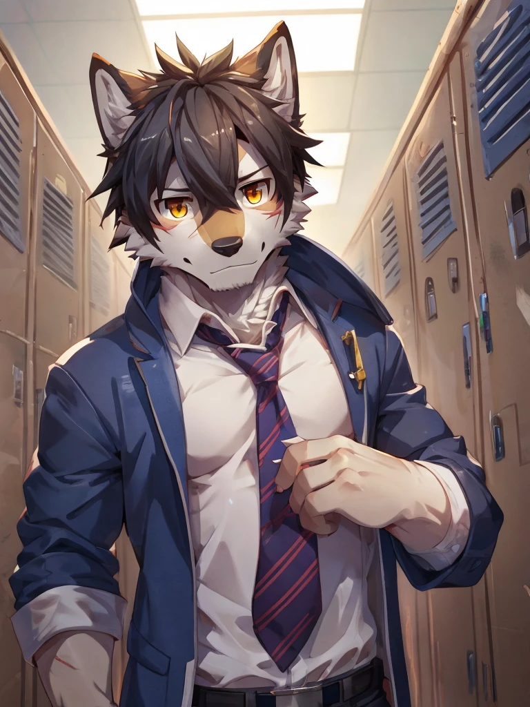 embedding:Gray wolf,Golden Eyes,Single Person,a scar on the face.Gray fur,High school students,male school uniform,Scratch head,Standing by the school locker,Nervous,Male.Thin,Handsome,Smart,Nervous,Best quality hands, best quality eye,detailed fur,Delicate eyes.Extreme picture quality,by sollyz,by zixiong,by null_ghost