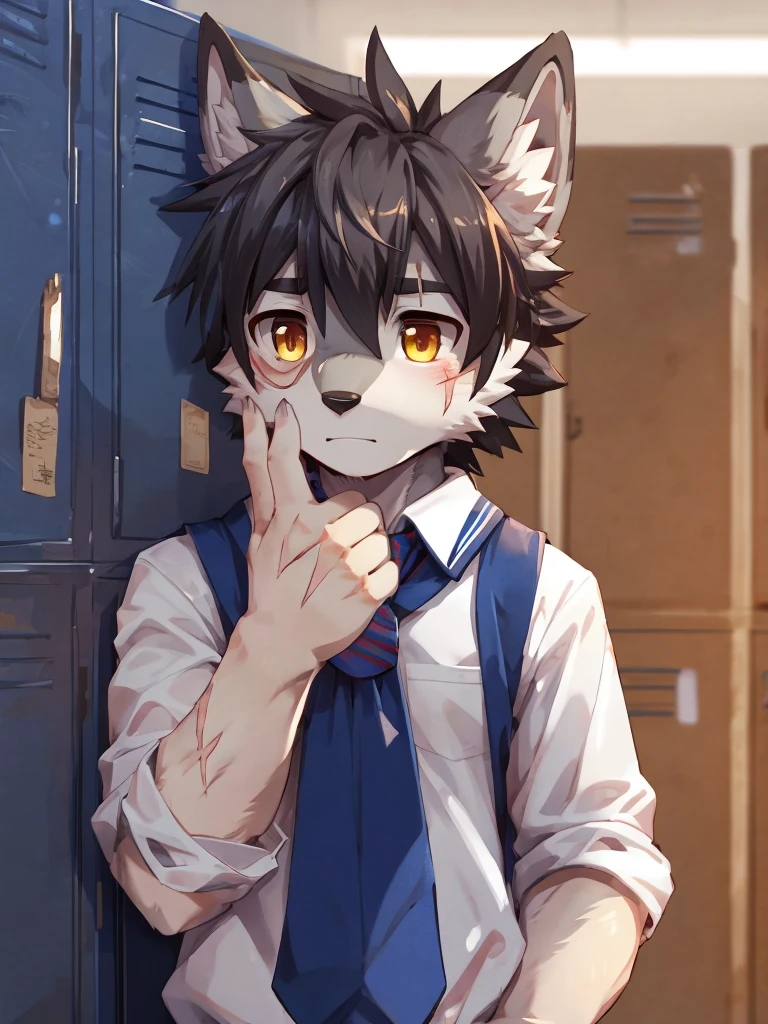 embedding:Gray wolf,Golden Eyes，Single Person,a scar on the face.Gray fur，High school students,male school uniform,Scratch head,Standing by the school locker,Nervous,Male.Thin,Handsome,Smart,Nervous,Best quality hands, best quality eye，detailed fur，Delicate eyes.Extreme picture quality，by sollyz,by zixiong,by null_ghost