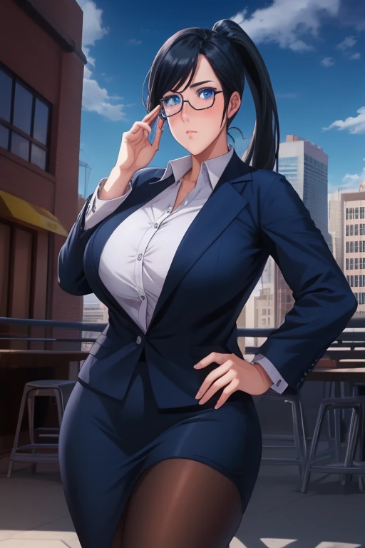 (high quality:1.1), detailed, cinematic lighting, shadows, official art,
TakamineAyako, 1girl, solo, mature female, milf, standing, (hand on own face:1.1), (hand on glasses:1.2), hand on hip,  cowboy shot,
looking at viewer, confident, determined, blush,
black hair, blue hair, long hair, ponytail, eyelashes, blue eyes, semi-rimless eyewear
black blazer, white shirt, pencil skirt, pantyhose,
curvy, large breasts, thighs, 
city park, day, complex background, absurdres, sky,
