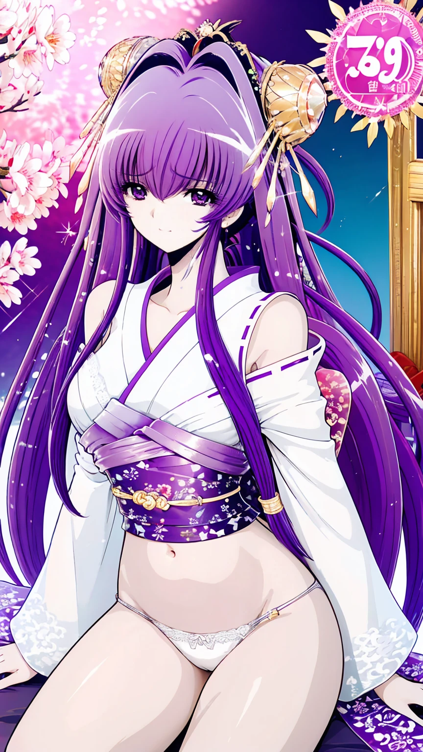 ultra-detailed、high resolution、extremely detailed CG、unity 8k wallpaper、official art、super detailed skin、perfect anatomy、cinematic lighting、beautiful detailed eyes、depth of field、ideal ratio body proportions、

anime colored、kyoto animation、(Hair is purple、White skin、Eyes are pale red、Skin color)、luxury kimono, Japanese-style beauty, 28 years old, Japanese, long black hair, shiny hair, hair ornament, sweaty, sad,Luxury lace panties、