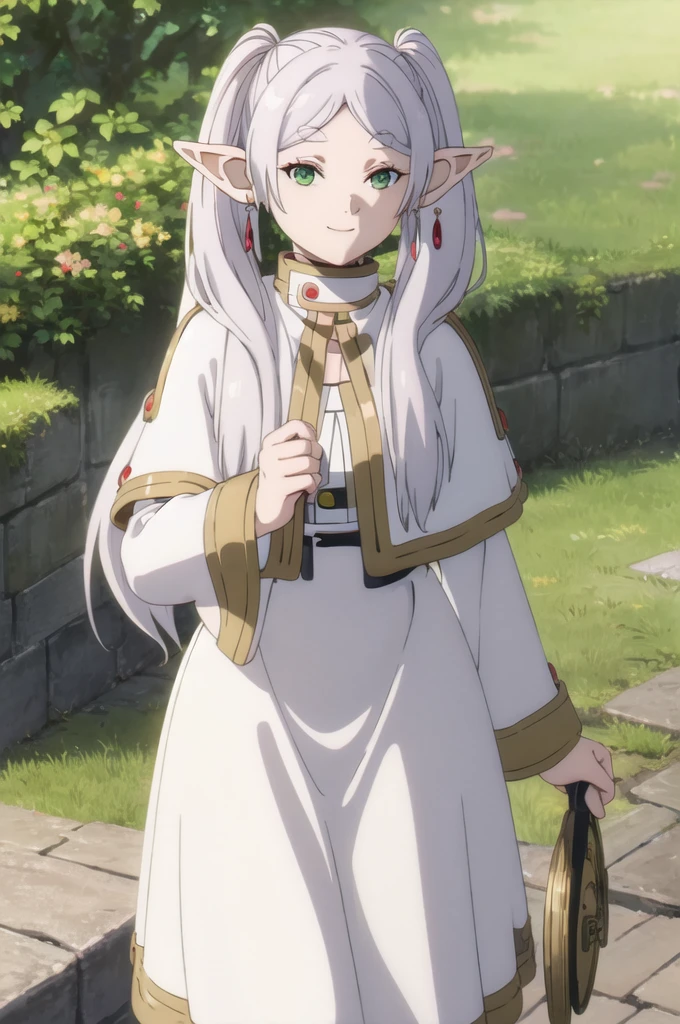 1girl, (masterpiece:1.3), (high resolution), (8K), (extremely detailed), (4k), (pixiv), perfect face, nice eyes and face, (best quality), (super detailed), detailed face and eyes, (solo), textured skin, absurdres, highres, a frog over her head, wz_sousou_no_frieren_style, wz_sousou_no_frieren_style, twintails, very long hair, silver hair, pointy ears, elf, white capelet, green eyes, black pantyhose, earrings, white skirt, belt, white sleeves, light, face picture pov zoom, smile, light rays, sunlight