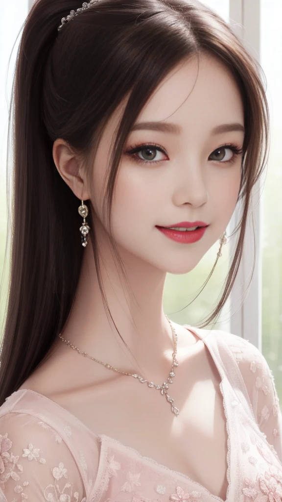 Fine details, high resolution, high quality、Perfect dynamic composition, Beautiful and delicate eyes, Double ponytail hairstyle, Beautiful breasts 、Natural lipstick, Face,Kamiaki、1 girl、clear translucent skin、Shiny hair、Pink luxury clothes、Fluffy skirt、Delicate lace、Complex dress、Exquisite hair accessories、Intricate earrings、Complex necklaces、a smile