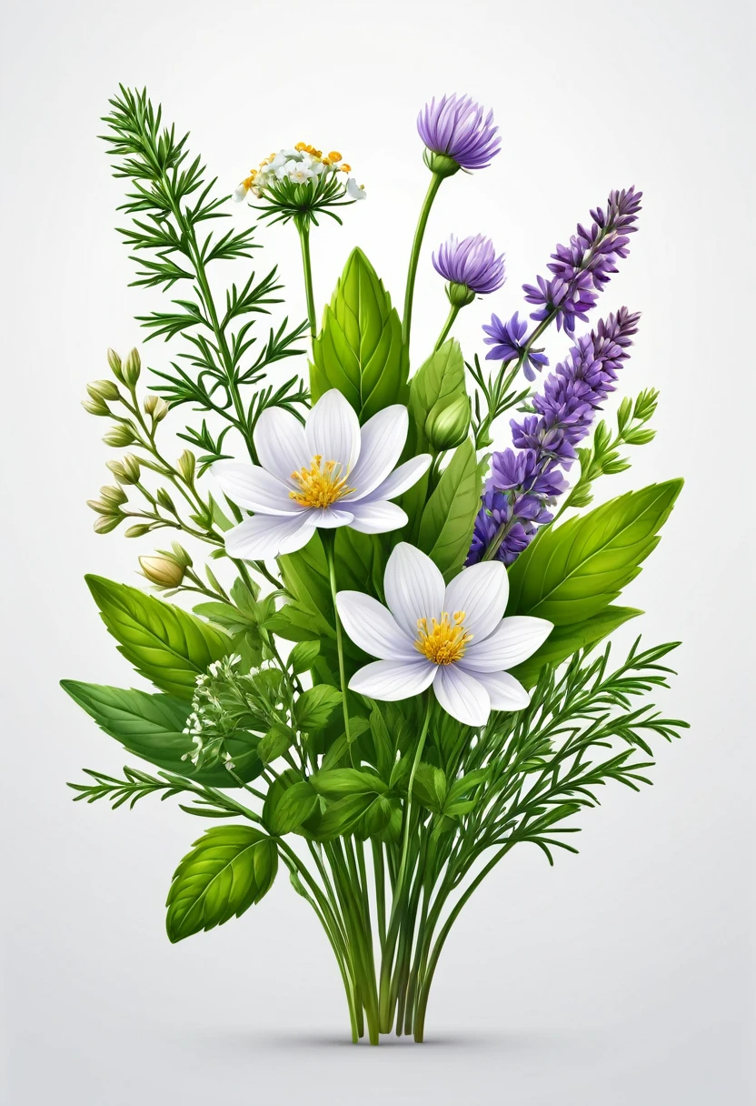 Holistic herbs and flowers, white background, vector logo, (best quality, masterpiece:1.2), ultra-detailed, (realistic, photo-realistic:1.37), highly detailed, intricate, elegant, graceful, minimal, clean, simple, photorealistic, digital art, 4k, 8k, highres