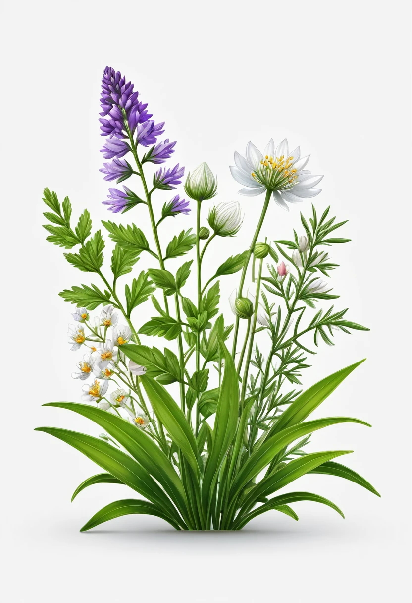 Holistic herbs and flowers, white background, vector logo, (best quality, masterpiece:1.2), ultra-detailed, (realistic, photo-realistic:1.37), highly detailed, intricate, elegant, graceful, minimal, clean, simple, photorealistic, digital art, 4k, 8k, highres