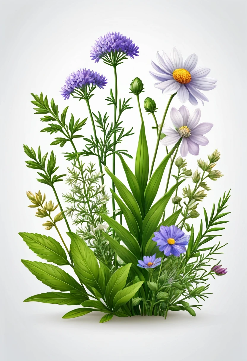 Holistic herbs and flowers, white background, vector logo, (best quality, masterpiece:1.2), ultra-detailed, (realistic, photo-realistic:1.37), highly detailed, intricate, elegant, graceful, minimal, clean, simple, photorealistic, digital art, 4k, 8k, highres