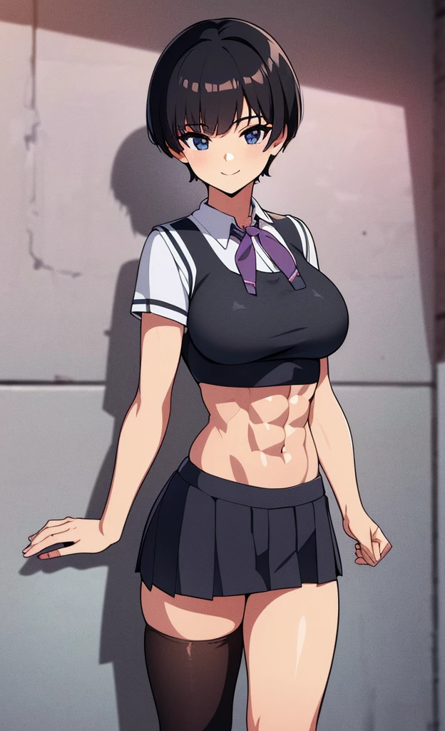 masterpiece, best quality, ultra detailed, ultra high resolution, very detailed face, solo, ((anime)), 20 years old girl, (((school uniform, croptop, short skirt))), ((black bob  hair)), (((large breast))), (six pack abs:1.2), ((little smile)), forward leaning posture, at the school