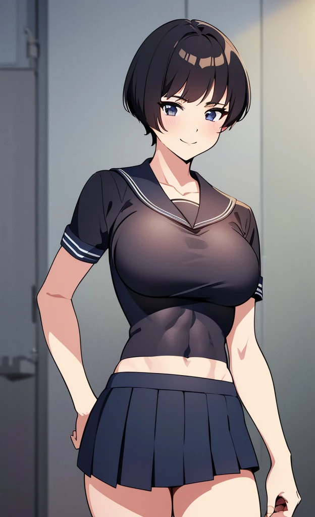 masterpiece, best quality, ultra detailed, ultra high resolution, very detailed face, solo, ((anime)), 20 years old girl, (((school uniform, croptop, short skirt))), ((black short hair)), (((large breast))), (six pack abs:1.2), ((little smile)), forward leaning posture, at the school