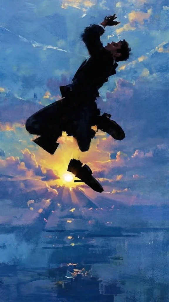 A hand that catches the silhouette of a man levitating in the air