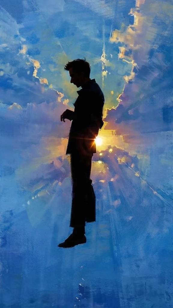 A hand that catches the silhouette of a man levitating in the air