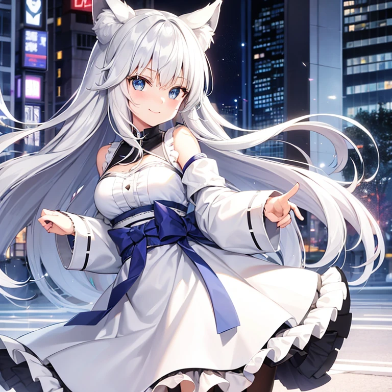 wolf girl, white and gray hair, blue eyes, cheerful and happy anime, city, smiling.