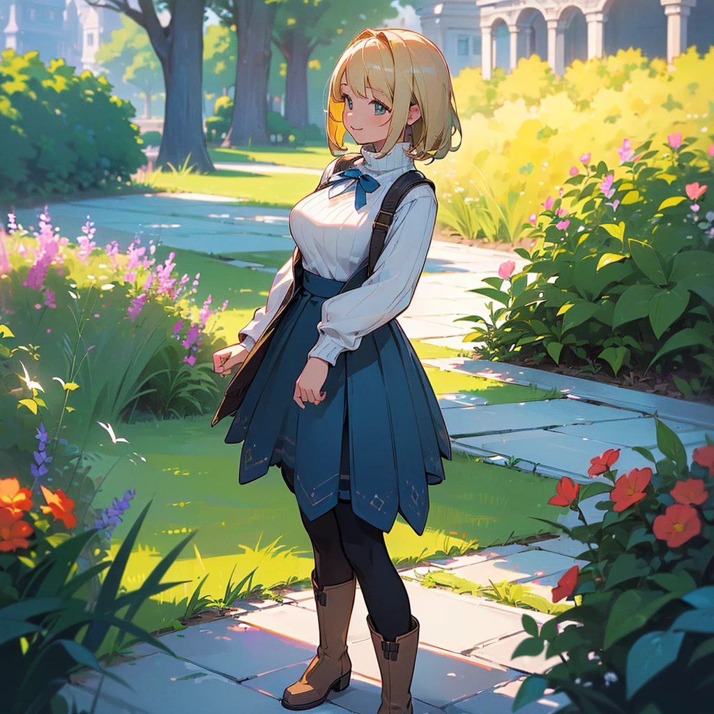 (high quality, High resolution, Very detailed, reality:1.37), Peaceful atmosphere, (Outdoor, garden), Teenage girl standing alone, (my breasts are big.), Beautiful details, Cute Smile, (Blonde Bob Hair), Ribbed sweater, Blue Skirt, Black tights, Brown boots.