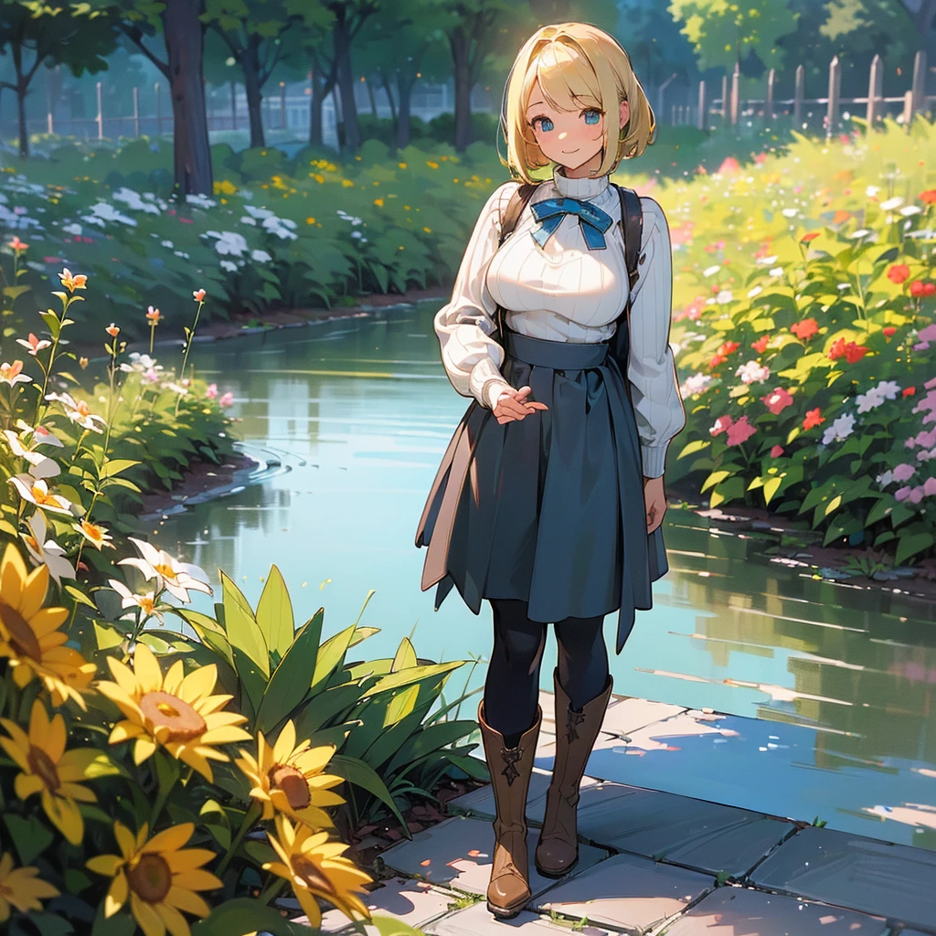 (high quality, High resolution, Very detailed, reality:1.37), Peaceful atmosphere, (Outdoor, garden), Teenage girl standing alone, (my breasts are big.), Beautiful details, Cute Smile, (Blonde Bob Hair), Ribbed sweater, Blue Skirt, Black tights, Brown boots.