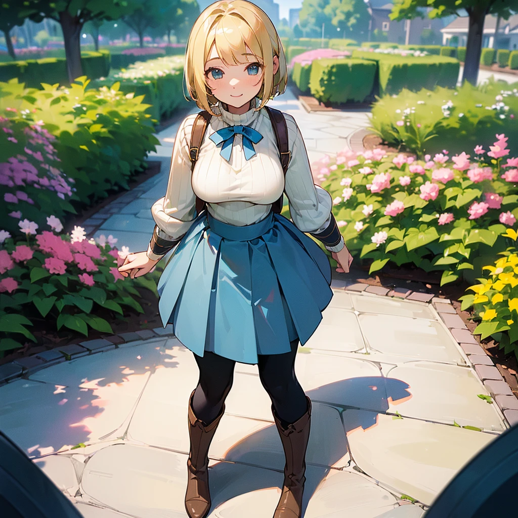 (high quality, High resolution, Very detailed, reality:1.37), Peaceful atmosphere, (Outdoor, garden), Teenage girl standing alone, (my breasts are big.), Beautiful details, Cute Smile, (Blonde Bob Hair), Ribbed sweater, Blue Skirt, Black tights, Brown boots.