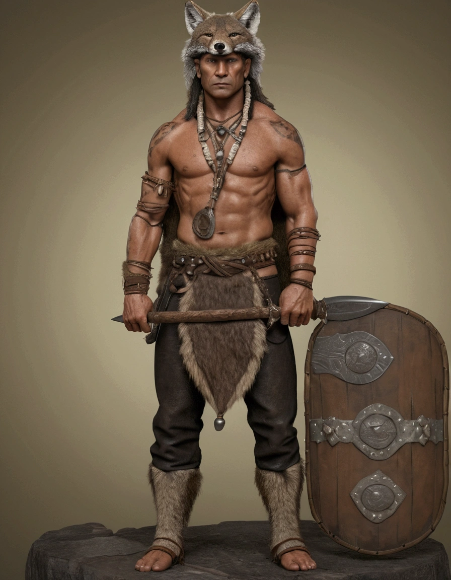 primitive barbarian wearing coyote skin: ultra realistic and detailed