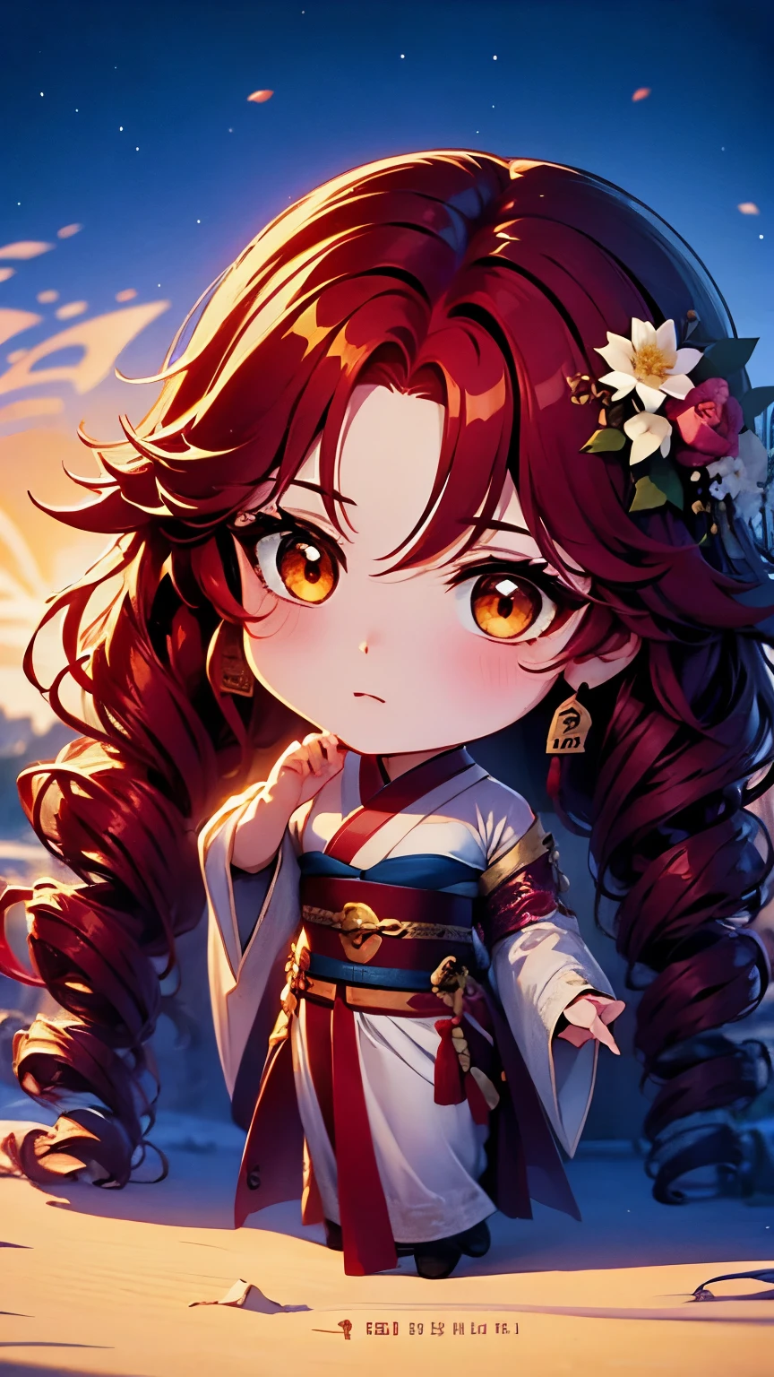 Chibi character pixel art, ((xian mei)), 1 girl with long red hair, standing, Chibi style, high quality pixel art, Gege Akutami, photography, beautiful, colorful, realistic, masterpieces, top quality, best quality, official art, beautiful and aesthetic, hanfu,