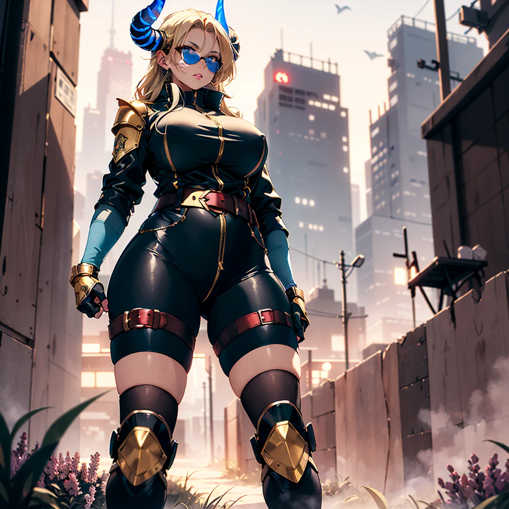 ((best quality)), ((masterpiece)), (detailed), 1girl, 8k_wallpaper, extremely detailed eyes, extremely detailed body, beautiful face, perfect face, detailed ((blonde hair)), (gold eyes), ((large big red and blue horns)), {{dark skin}}, ({dark skinned female}), gigantic breasts, thick thighs, strong arm and leg muscles, strong abdominal muscles, Monster women, Korean women, wearing a modern short black cloth jacket with rolled up sleeves, (wearing heavy gold colored steel cyberpunk armor), a wide red leather belt with blue steel yarn, steel boots, steel thigh guards, a military radio hangs on her belt, a biker girl, she rides on another planet along a lilac field against the backdrop of a blue desert and high red mountains,