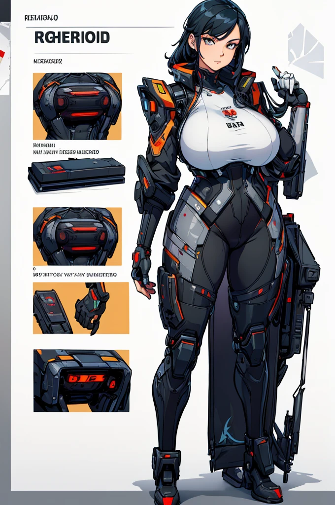 (masterpiece, best quality, high resolution, ((huge breasts)) 1 cyberpunk style maid robot, (, white background, stickers.Redmond ), ((full body standing)),