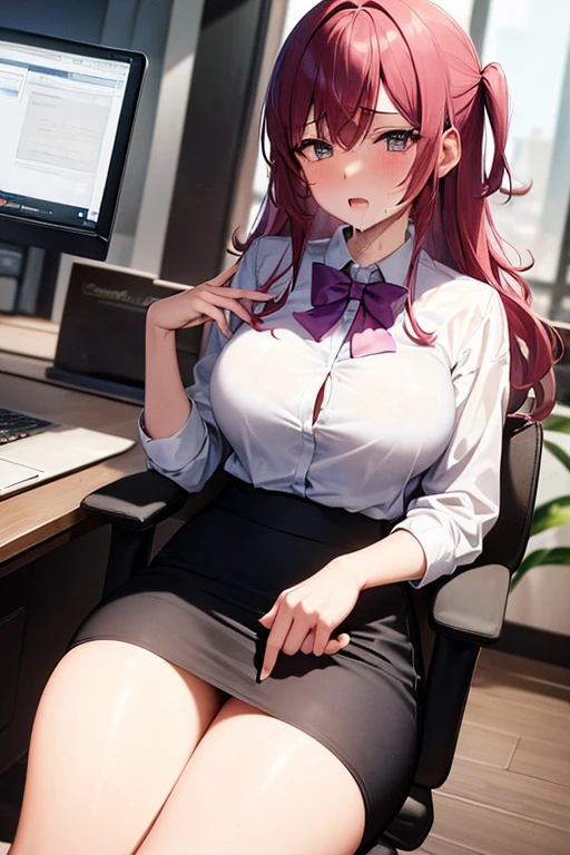 ((masterpiece, best quality)), highres, business woman who is sleepy and tired, blush, business suit, black midi pencil skirt, medium length skirt, pink dress shirt, purple hair, office building, office desk, sitting on chair by desk, (drooling), (saliva, saliva string), desk is cluttered with papers, hands resting on desk
