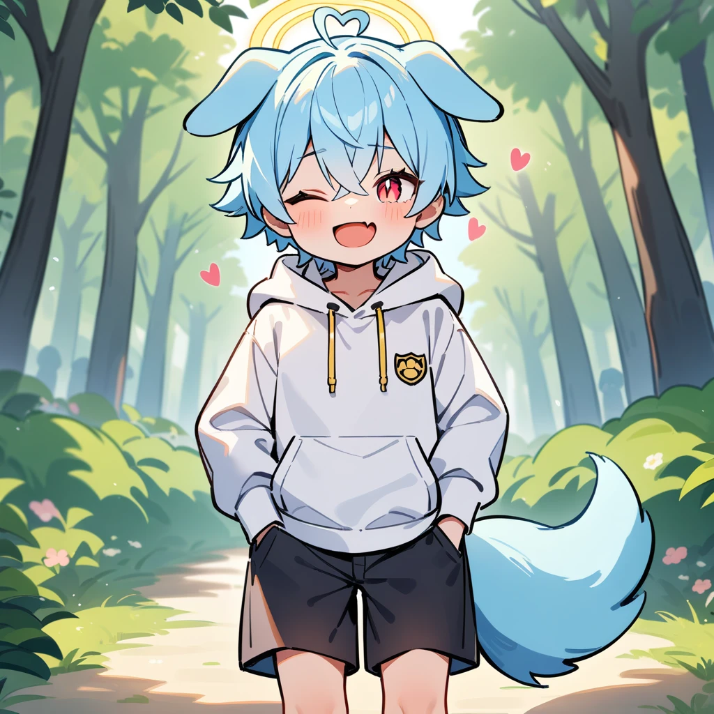 （masterpiece：1.2，high quality），4K，High resolution，A seven-year-old boy，cute boy， light blue hair，short hair，crossed bangs，light red eyes，slit pupils，one eye closed，heart ahoge，yellow halo，dog ears，laughing，skin fang，Wearing a white hoodie，Black shorts，Stand in the forest，There are flowering trees on both sides.，primary school student，thigh，alone，dog tail，（Put your hands in your pockets），（（Put your hands in your pockets））