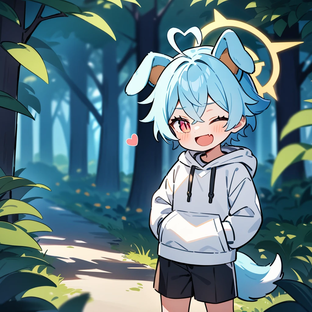 （masterpiece：1.2，high quality），4K，High resolution，A seven-year-old boy，cute boy， light blue hair，short hair，crossed bangs，light red eyes，slit pupils，one eye closed，heart ahoge，yellow halo，dog ears，laughing，skin fang，Wearing a white hoodie，Black shorts，Stand in the forest，There are flowering trees on both sides.，primary school student，thigh，alone，dog tail，（Put your hands in your pockets），（（Put your hands in your pockets））