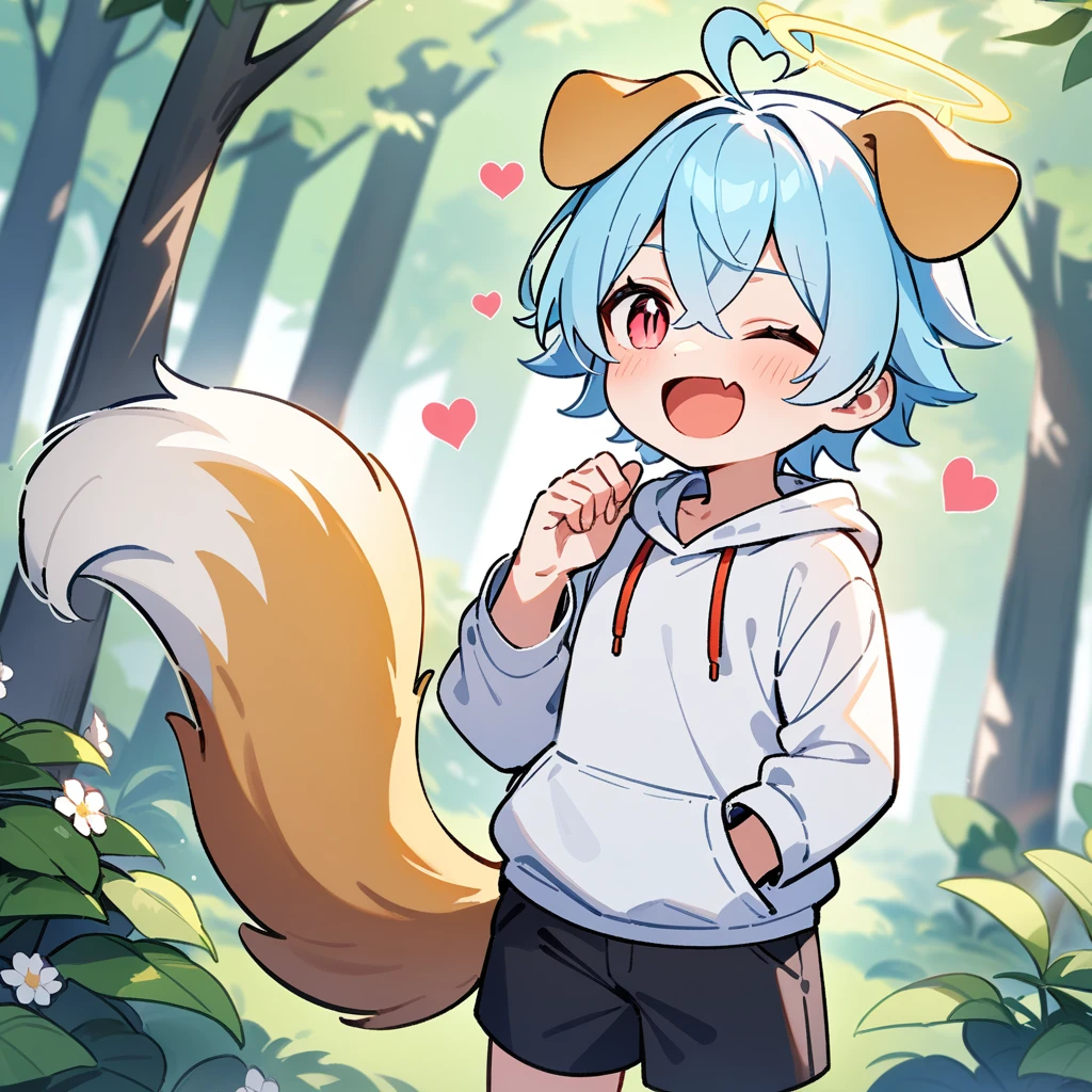 （masterpiece：1.2，high quality），4K，High resolution，A seven-year-old boy，cute boy， light blue hair，short hair，crossed bangs，light red eyes，slit pupils，one eye closed，heart ahoge，yellow halo，dog ears，laughing，skin fang，Wearing a white hoodie，Black shorts，Stand in the forest，There are flowering trees on both sides.，primary school student，thigh，alone，dog tail，（Put your hands in your pockets），（（Put your hands in your pockets））