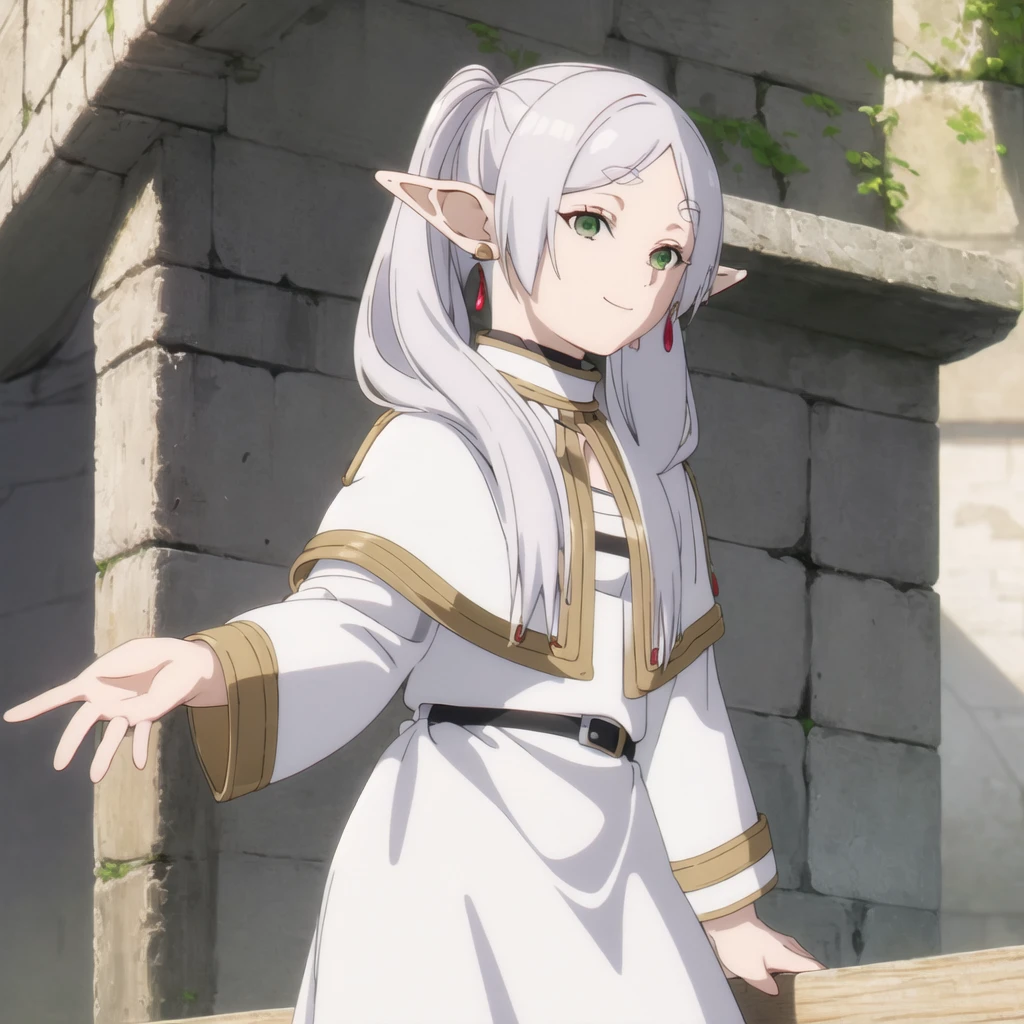 1girl, (masterpiece:1.3), (high resolution), (8K), (extremely detailed), (4k), (pixiv), perfect face, nice eyes and face, (best quality), (super detailed), detailed face and eyes, (solo), textured skin, absurdres, highres, a frog over her head, wz_sousou_no_frieren_style, wz_sousou_no_frieren_style, twintails, very long hair, silver hair, pointy ears, elf, white capelet, green eyes, black pantyhose, earrings, white skirt, belt, white sleeves, light, face picture pov zoom, smile, light rays, sunlight