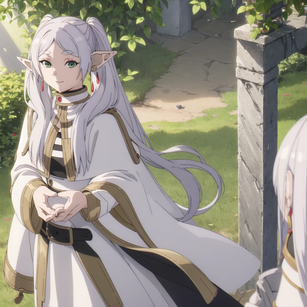 1girl, (masterpiece:1.3), (high resolution), (8K), (extremely detailed), (4k), (pixiv), perfect face, nice eyes and face, (best quality), (super detailed), detailed face and eyes, (solo), textured skin, absurdres, highres, a frog over her head, wz_sousou_no_frieren_style, wz_sousou_no_frieren_style, twintails, very long hair, silver hair, pointy ears, elf, white capelet, green eyes, black pantyhose, earrings, white skirt, belt, white sleeves, light, face picture pov zoom, smile, light rays, sunlight