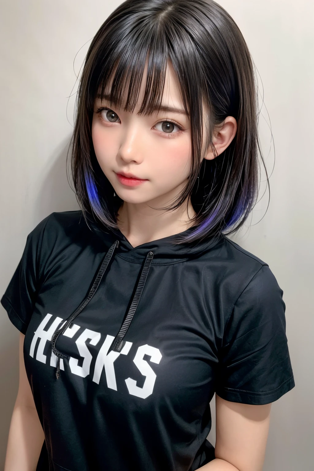 Everything is beautifully detailed:1.6,masterpiece、Highest quality、1 girl, alone, alone focus, Cowboy Shot, Portraiture, Oversized hoodie, Blue and white hoodie, half水彩画, half, ((Black Hair)), (Shiny Hair), (Gradient Hair :1.5), Curly Hair, ((Beautifully drawn delicate eyes)), Very detailedな目, Sunburn, (Dark caramel skin:1.1), Highest quality, Very detailed, White Background, Simple Background、{Huge|big|Hugeな|Mega} chest:2, chestの谷間:2、開けたchest、Perfect Anatomy、Cute Smile、short hair、bangs、Listen carefully、Beautiful long neck