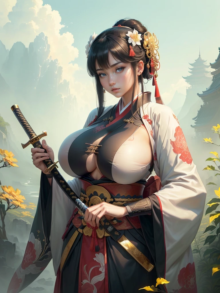 arafed image of a woman in a kimono with a sword, inspired by Li Mei-shu, she is holding a katana sword, inspired by Cao Zhibai, inspired by Ju Lian, inspired by Guan Daosheng, inspired by Wu Zuoren, inspired by Zhao Yuan, inspired by Zhao Mengfu, beautiful character painting, Highly detailed CG unit 8k wallpaper, masterpiece, High resolution, highest quality, highest quality real texture skin, Super Real, Digital Painting, Best image quality, 最High resolution, 8k, ((Highly detailed eyes and face, Beautiful eyes every detail)), Big Breasts, Cleavage, dark persona, (((Saggy breasts, Gravity-dependent breasts, long chest, Heavy chest, ))), ((disproportionate breasts, huge breasts, sagging breasts, gigantic breasts, erect nipple,)),