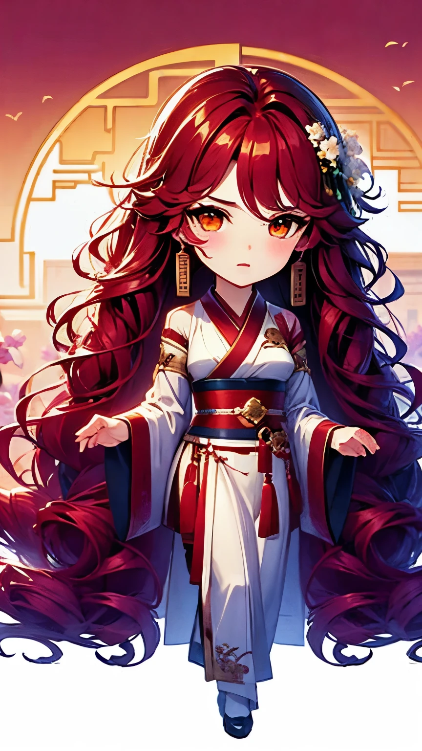 Chibi character pixel art, ((xian mei)), 1 girl with long red hair, standing, Chibi style, high quality pixel art, Gege Akutami, photography, beautiful, colorful, realistic, masterpieces, top quality, best quality, official art, beautiful and aesthetic, hanfu,