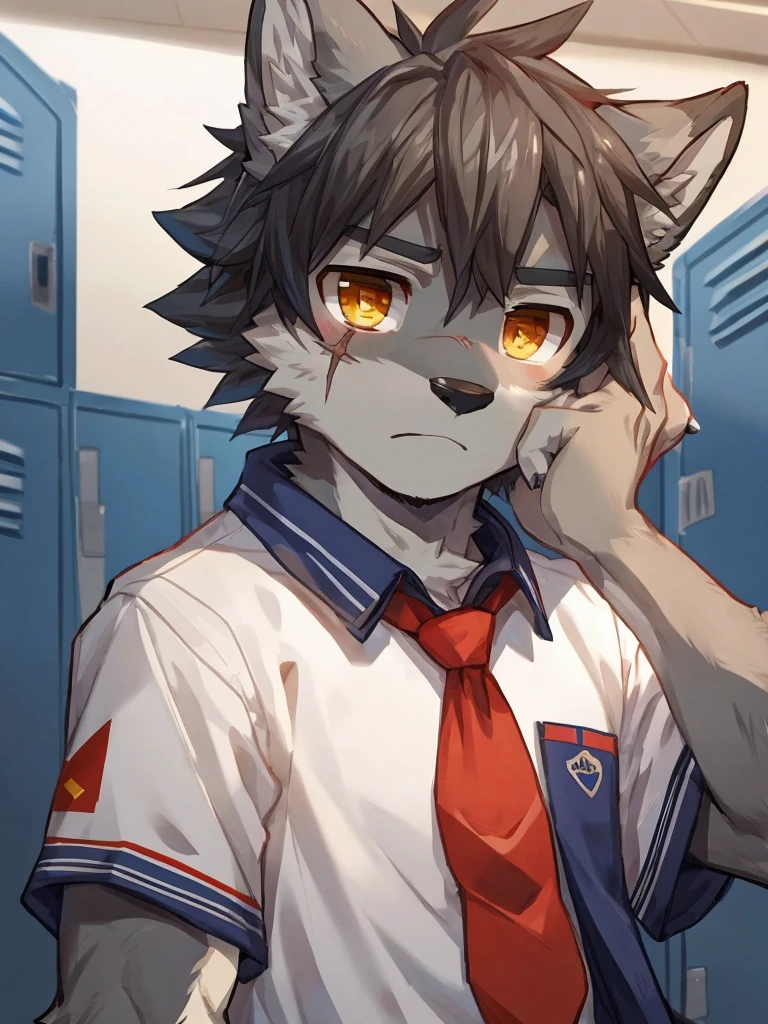 embedding:Gray wolf,Golden Eyes,Single Person,a scar on the face.Gray fur,High school students,male school uniform,Scratch head,Standing by the school locker,Nervous,Male.Thin,Handsome,Smart,Nervous,Best quality hands, best quality eye,detailed fur,Delicate eyes.Extreme picture quality,by sollyz,by zixiong,by milkytiger1145